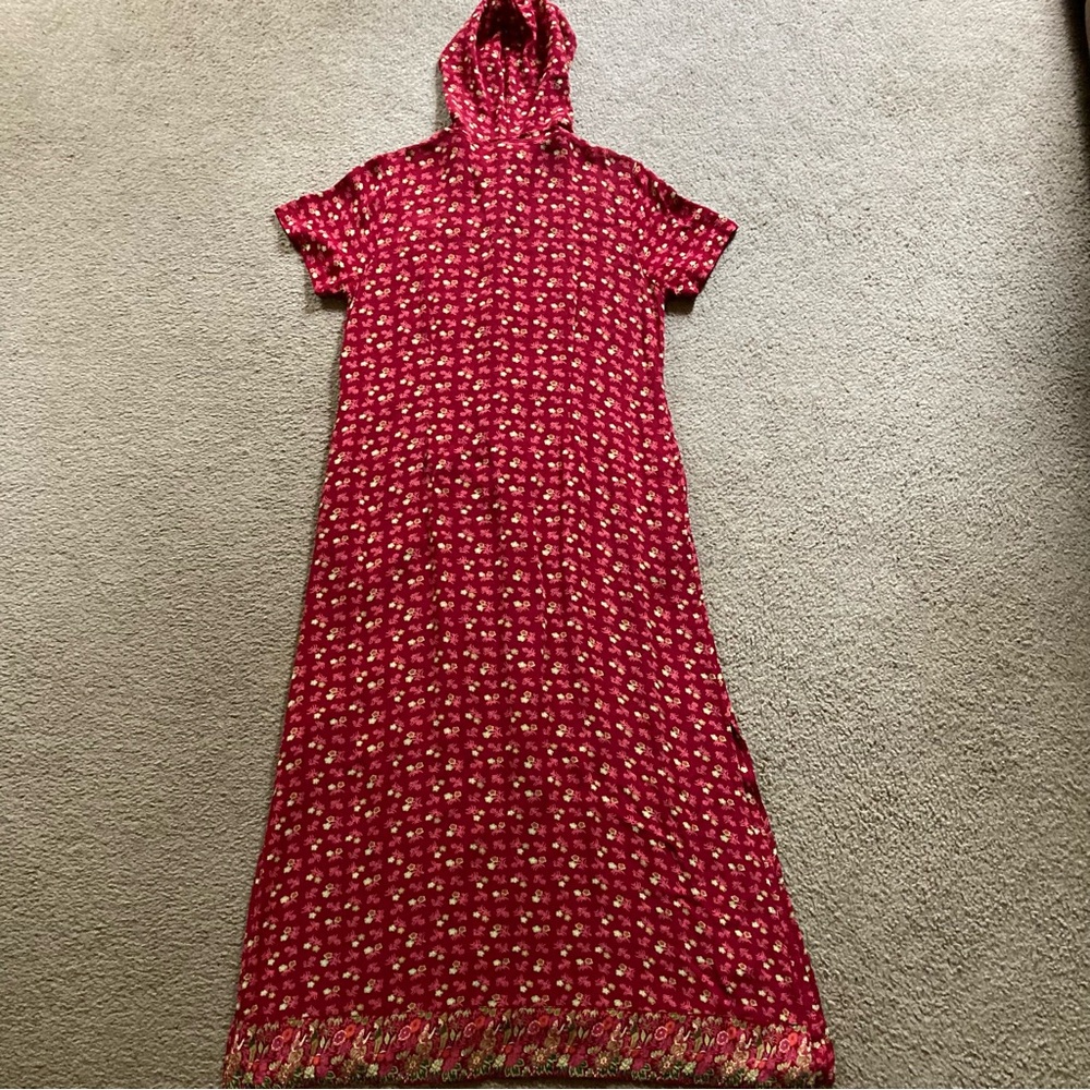 Vintage Y2K Red Short Sleeve Hooded Drawstring Floral Button Up Y2K Maxi Dress M - Picture 12 of 13